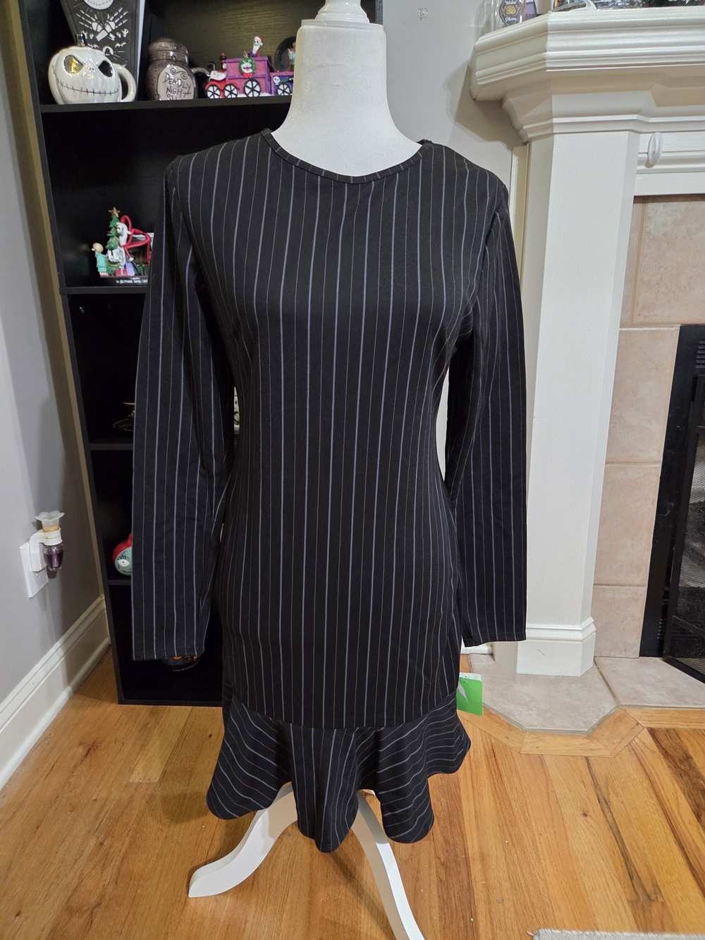 Teeze Me Black & White Pinstripe Long-Sleeve Ruffle-Hem Dress